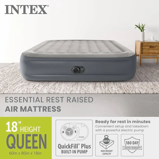 MATTRESS AIR INTEX 64125ED 60" X 80" X 18" QUEEN DURA BEAM FAST FILL BUILT IN PUMP 110V