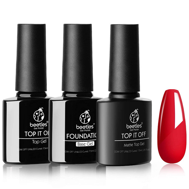 Nails Beetles Gel Nail Polish Base No Wipe Top Coat - Matte Gel Top Coat and Shine Top Gel Base Set Gel Polish Matte Shine Effect Long Lasting DIY Home Soak Off LED Light Nail Lamp, 0.3 fl oz each bottle
