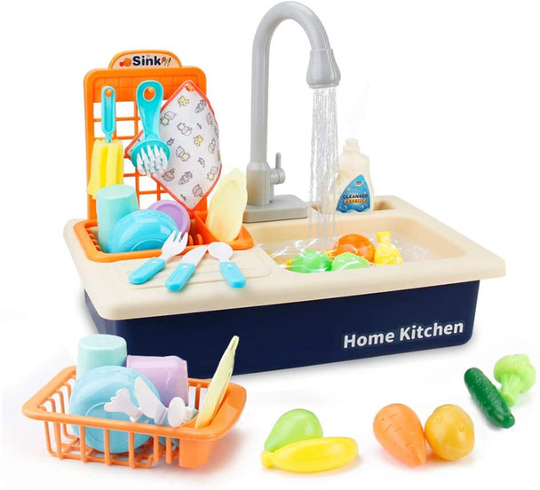 Toy Sink Play Sink with Running Water Kitchen Toy Set with Working Faucet and Play Plates for Girls, Toddlers and Boys