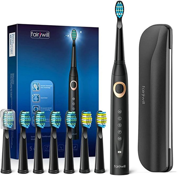 Toothbrush Fairywill D8 Sonic Electric Toothbrush for Adults and Kids 8 Brush Heads & Travel Case  Rechargeable Whitening Power Smart Timer Black Series
