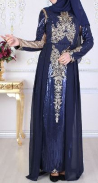 Dress Evening Turkish Navy with gold sequins