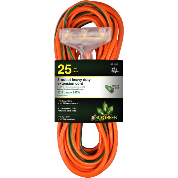 EXTENSION CORD OUTDOOR 25' GOGREEN GG-15225 3 OUTLET 12G