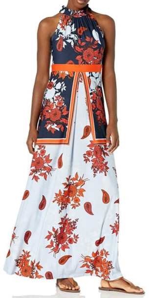 Dress Casual Gabby Skye Mock Neck Floral Print  Maxi Orange