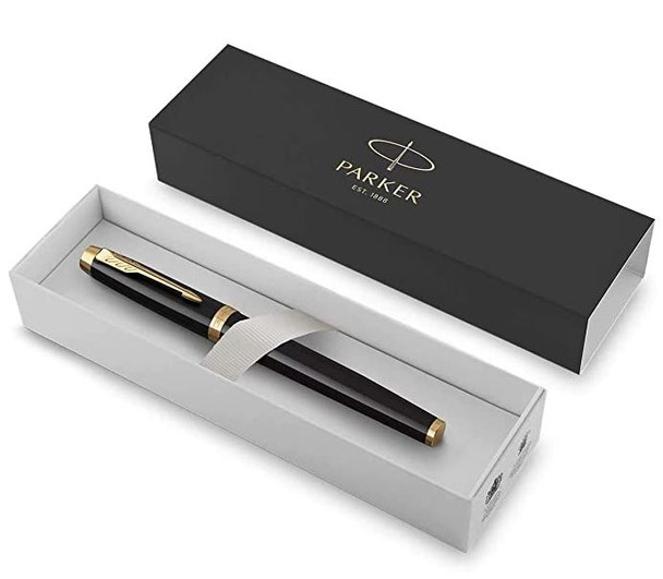 Pen PARKER Rollerball, Black Lacquer Gold Trim with Fine Point Black Ink Refill in Gift Box 1931659