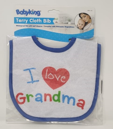 BABY TERRY CLOTH BIB I LOVE GRANDMA BABYKING BK83700 SOLD EACH