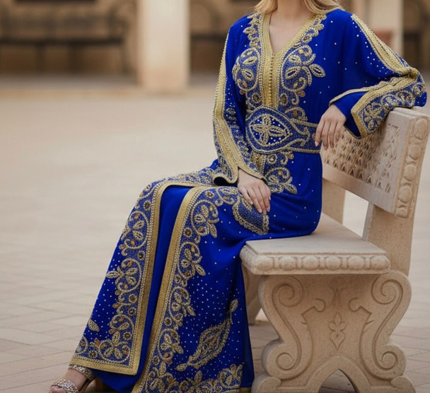 Gown Beaded Royal Blue Gold beads with band