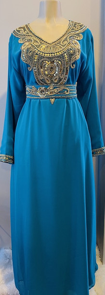 Gown Beaded Teal with gold beads and band