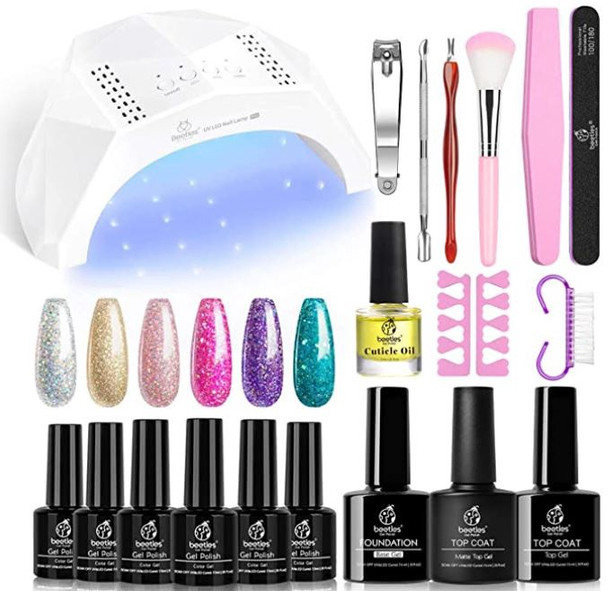 Nails Beetles Gel Polish with UV Light Starter Kit Soak Off Set 6 Pcs Sparkly Glitter Base Gel Top Coat