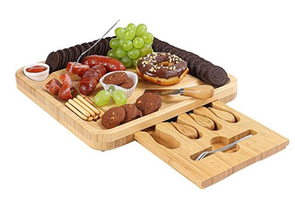 Charcuterie Board Vaefae with Magnetic Slide-Out Drawer and 2 Ceramic Bowls