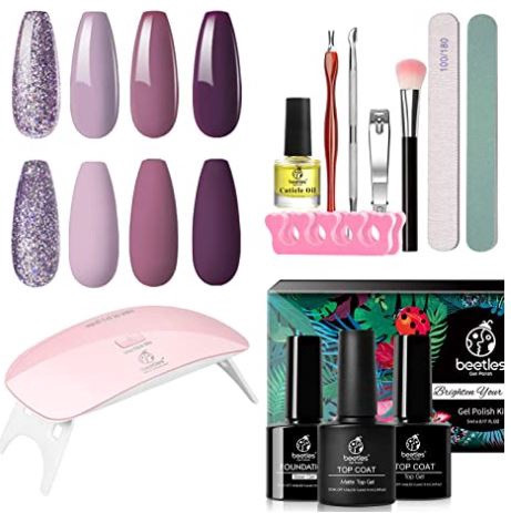 Nail Beetles Gel Nail Polish with UV Light Starter Kit, Soak Off Purple Mauve, Base Gel Top Coat for DIY
