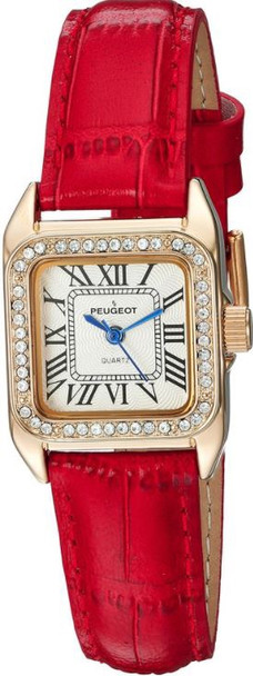 Watch Women's Peugeot 14K Gold-Plated Crystal Bezel Roman Numeral Red Leather Band