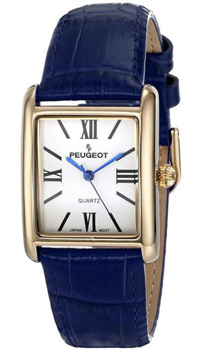 peugeot women's 14k gold plated tank leather dress watch Roman Numerals Dial Navy and language of product
