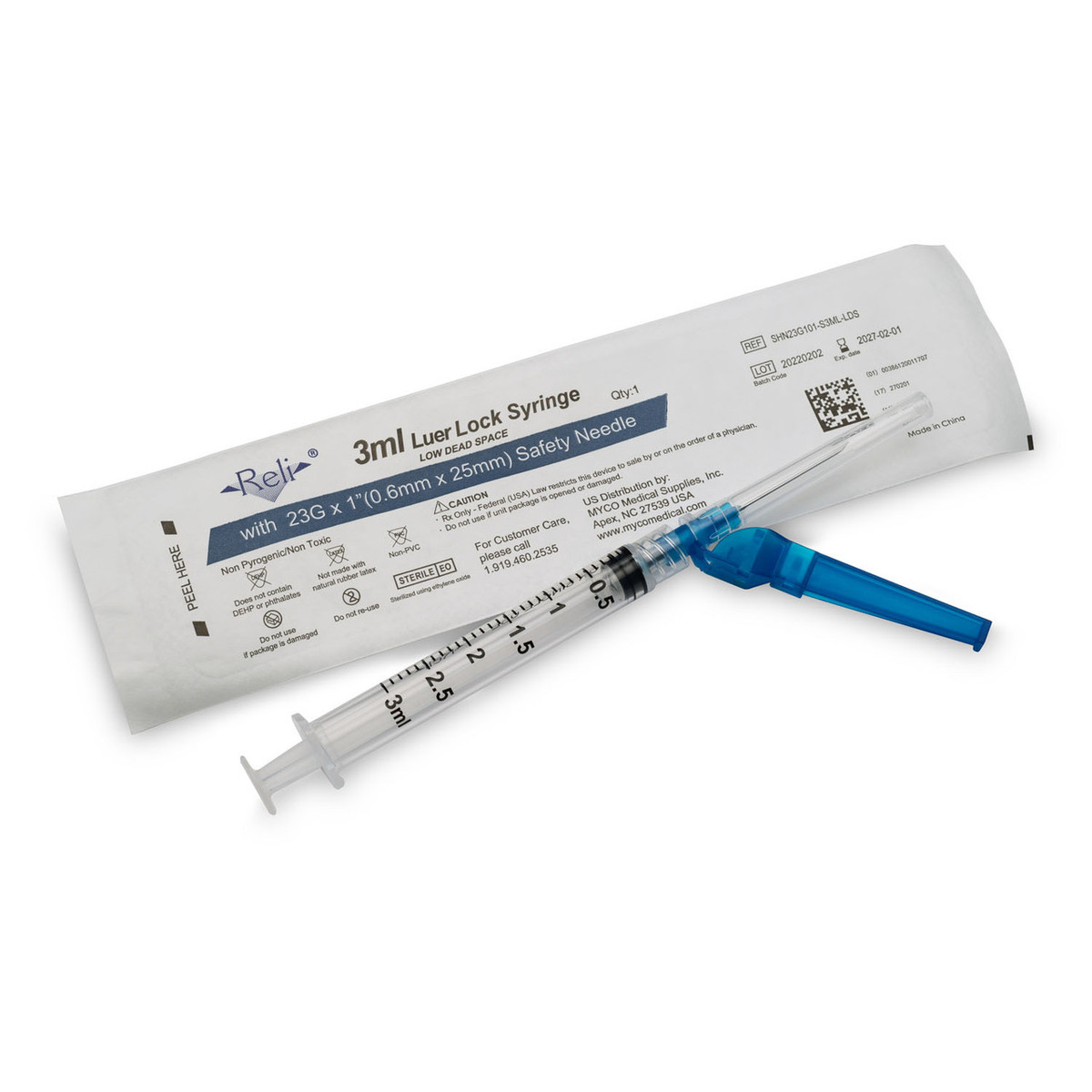 Myco Reli Safety Hypodermic Needle W/Attached Syringe (10137_SHN20G101-S3ML-LDS)