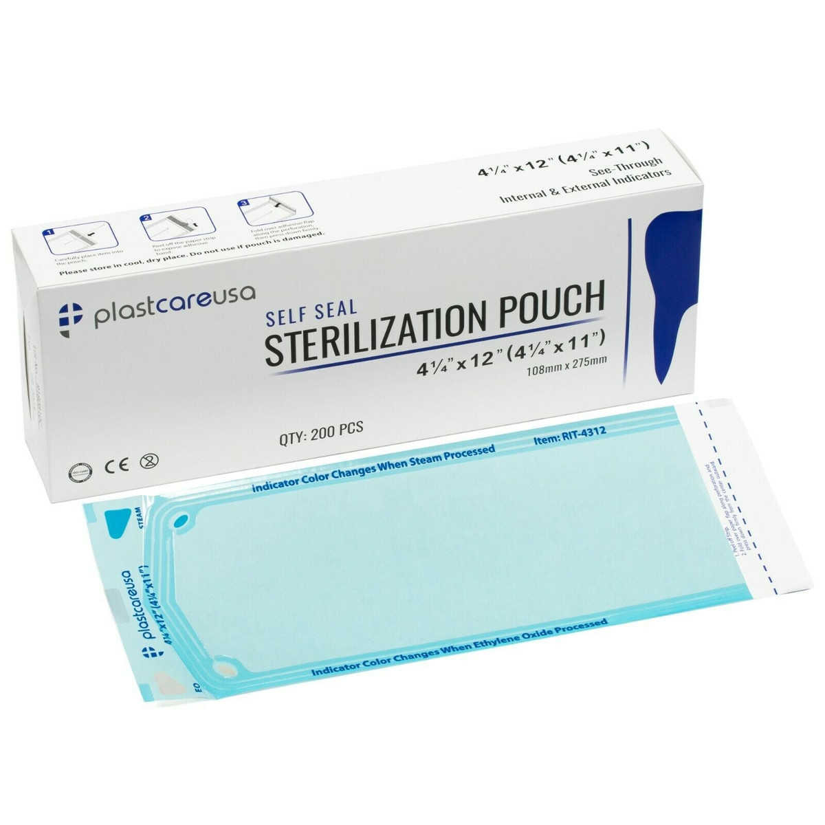 Self-Sealing Sterilization Pouches, 4.25" x 12", Paper/Blue Film