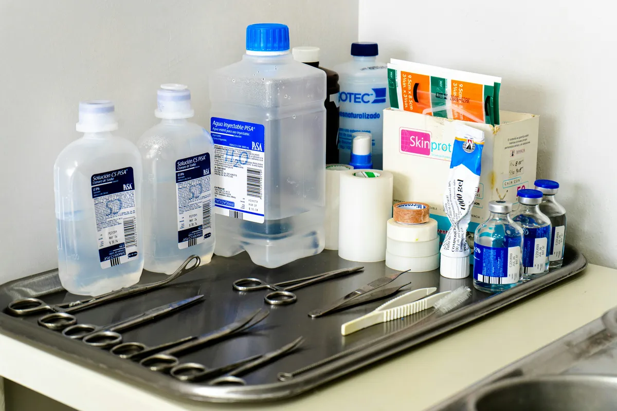 Medical supplies and instruments on a tray