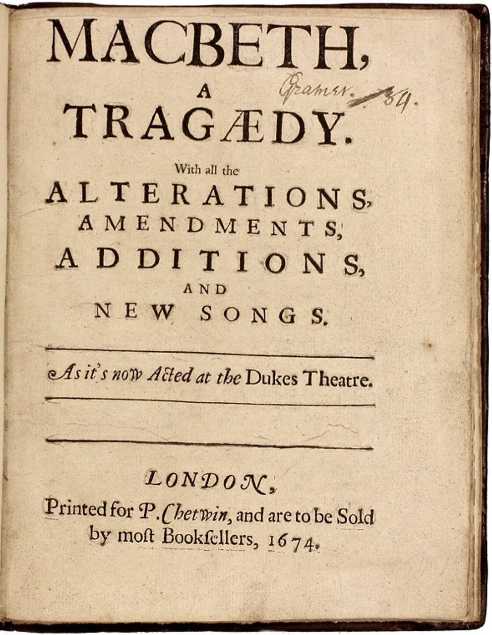 SHAKESPEARE, William [William D'avenant]. Macbeth, a Tragedy: With all the  Alterations, Amendments, Additions, and New