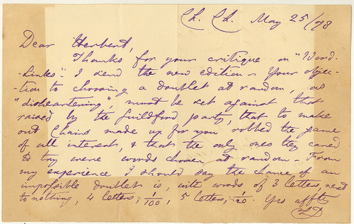 DODGSON, Charles Lutwidge; [Lewis Carroll] 1 page autograph letter signed, 5" x 7-7/8", in purple ink, toning/offset to edges on 3 sides, Christ Church dated May 25, 1878 to Herbert.