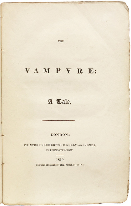 POLIDORI, John William. The Vampyre; A Tale. (1819 - FIRST EDITION SECOND SHERWOOD ISSUE IN ORIGINAL WRAPPERS) POLIDORI, John William. The Vampyre; A Tale. (1819 - FIRST EDITION SECOND SHERWOOD ISSUE IN ORIGINAL WRAPPERS)