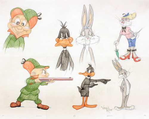 ROSS, Virgil. Bugs Bunny, Daffy Duck & Elmer Fudd. (SEVEN ORIGINAL DRAWINGS - c.1990's)