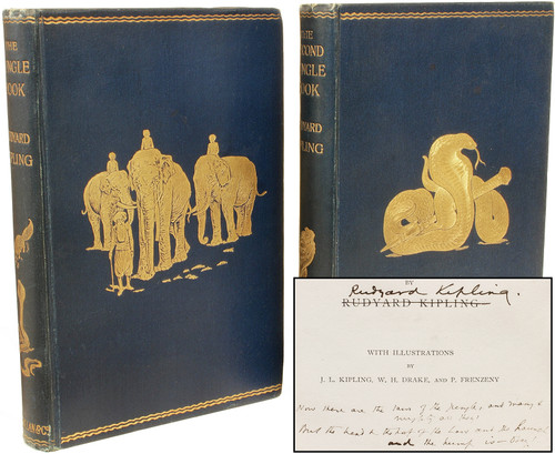 KIPLING, Rudyard. The Jungle Book - The Second Jungle Book. (1896 / 1895 - THE JUNGLE BOOK SIGNED WITH A 4 LINE QUOTE)