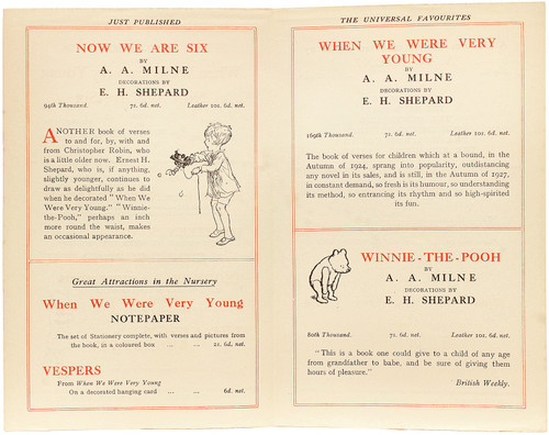 MILNE, A. A. - Ernest H. Shepard. PROSPECTUS - ADVERTISMENT LEAF  Order form for the 94th Thousand Printing of Now We Are Six - 169th Thousand of When We Were Very Young - 80th Thousand of Winnie The Pooh - and others.... (1935)