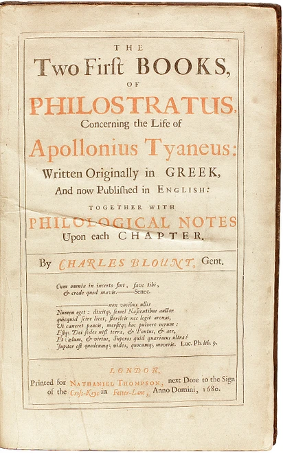 BLOUNT, Charles. The Two First Books, of Philostratus, Concerning the Life of Apollonius Tyaneus: Written Originally in Greek, and Now Published in English. (1680 - FIRST EDITION)