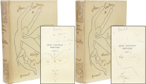 COCTEAU, Jean (Bernard Grasset - editor). Theatre. (2 VOLUMES - 1957 - PRESENTATION COPY - WITH TWO ORIGINAL DRAWINGS)
