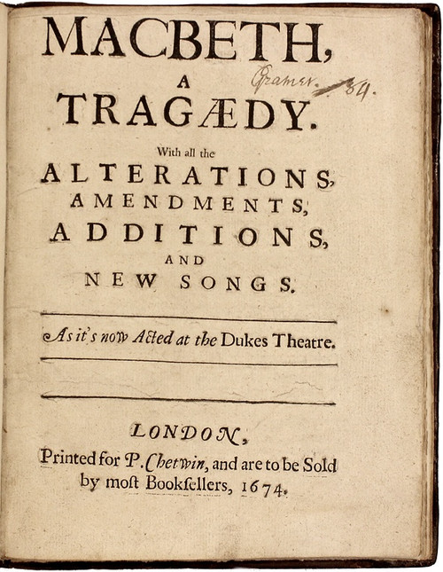 SHAKESPEARE, William [William D'avenant]. Macbeth, a Tragedy: With all the Alterations, Amendments, Additions, and New Songs. As it is now Acted at the Duke's Theatre. (THE SECOND QUARTO EDITION AND THE FIRST DAVENANT EDITION - 1674)
