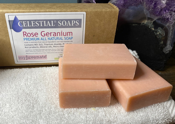CELESTIAL® ROSE GERANIUM PREMIUM QUALITY SOAP BARS Set of 3 Box
