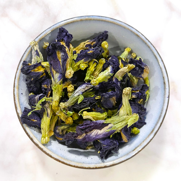 MY HERB CLINIC ® Organic Blue Butterfly Pea Flower Grade 1 – air-dried whole blossoms in bowl, magical colour-changing herbal tea