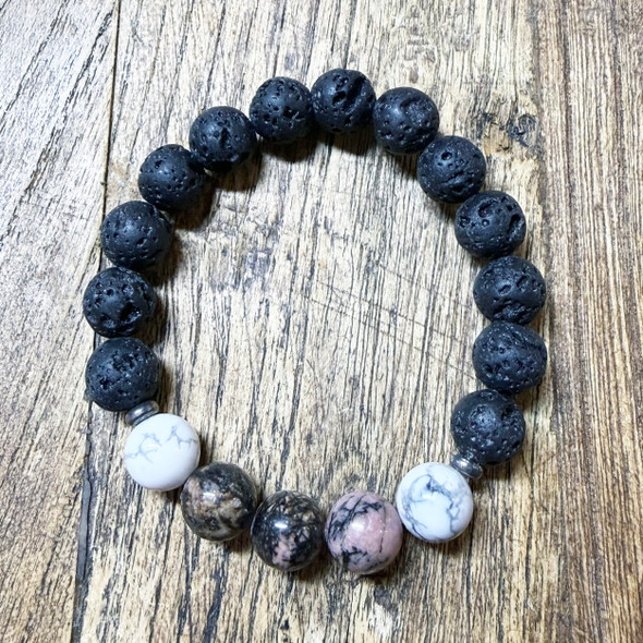 MiaLava Guardian Angel aromatherapy diffuser bracelet with lava stone, pink rhodonite, and howlite beads