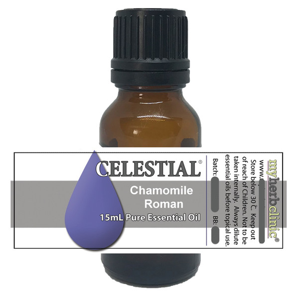CELESTIAL Chamomile Roman Essential Oil in amber coloured glass bottle