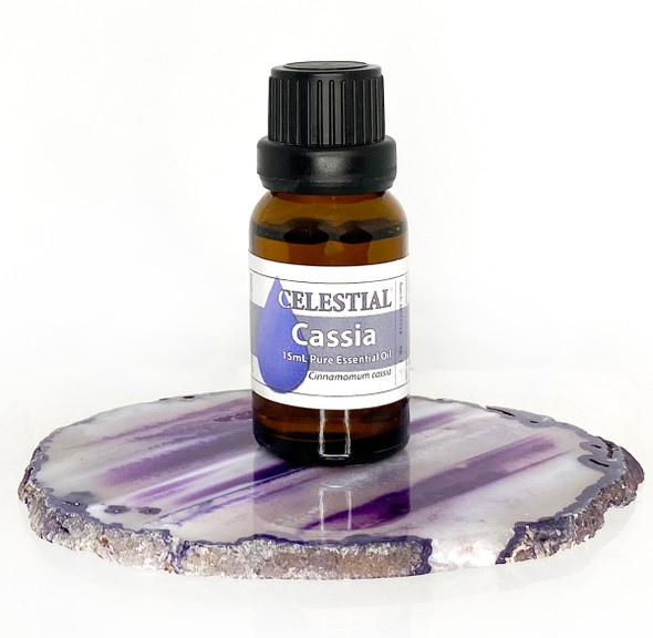CELESTIAL Cassia Essential Oil in amber coloured glass bottle