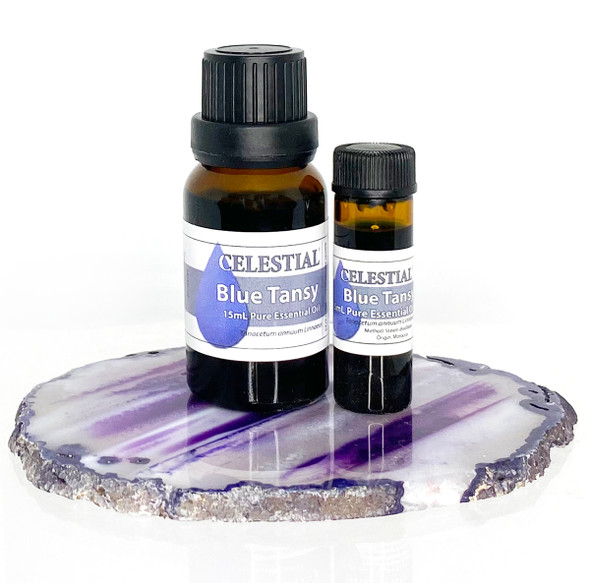 CELESTIAL Blue Tansy Essential Oil – deep-blue Tanacetum annuum oil in amber glass bottle