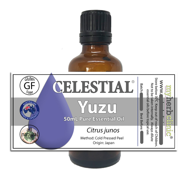 Celestial Organic Yuzu Essential Oil – 100% Pure Citrus Junos in amber bottle, fresh Japanese citrus aroma for skincare and aromatherapy