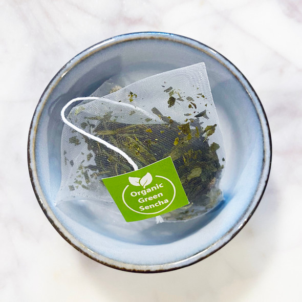 Japanese Sencha teabag in blue bowl