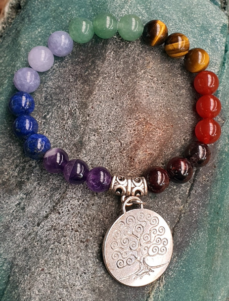 EARTH CRYSTAL CHAKRA BRACELET WITH SILVER TREE OF LIFE PENDANT