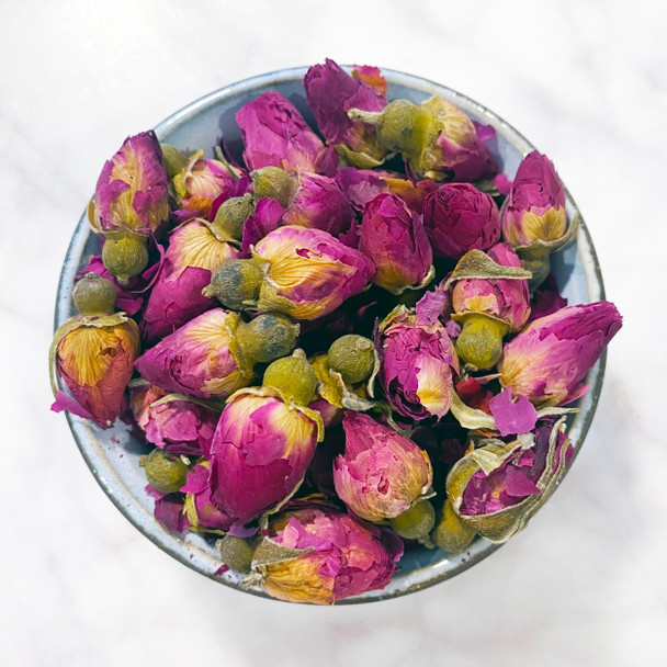 MY HERB CLINIC ® Pink Rose Bud – Grade 1 Rosa rugosa – dried whole rosebuds in bowl, caffeine-free floral herbal tea