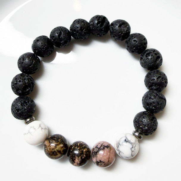 MiaLava Guardian Angel aromatherapy diffuser bracelet with lava stone, pink rhodonite, and howlite beads