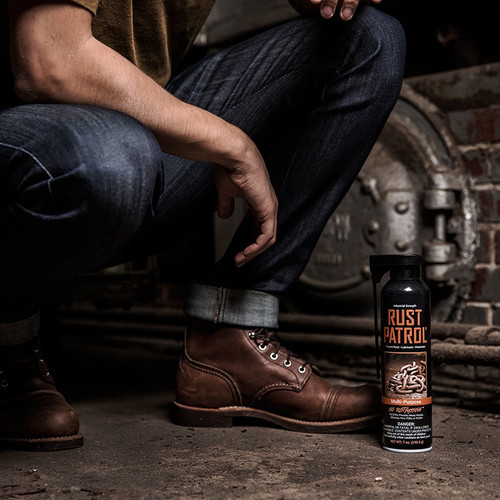 Rust Patrol Multi-Purpose 7 oz Aerosol Can and a rusty industrial hatch Rust Patrol Multi-Purpose 7 oz Aerosol Can and a rusty industrial hatch