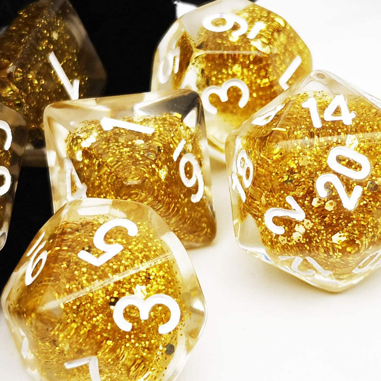 Haxtec Gold Glitter Core Resin DND Dice Set