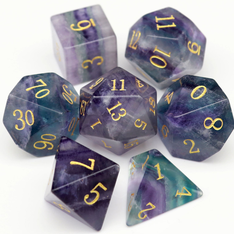 purple fluorite, gemstone dice, crystal dice