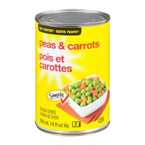 No Name Carrots & Peas 398ml – tender mixed carrots and peas, perfect for soups, stews, and side dishes