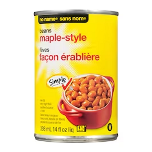 No Name Beans Maple Style 398ml – sweet and savory baked beans with rich maple flavor, ideal for meals or snacks
