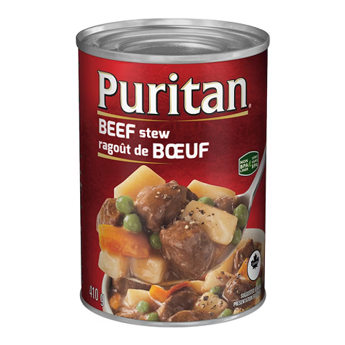Puritan Beef Stew 410g – hearty beef stew with tender chunks of beef, potatoes, and vegetables in savory gravy