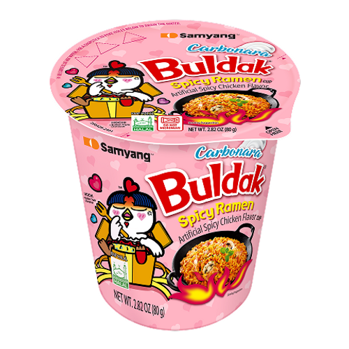Buldak Cheese Spicy Creamy Carbonara 80g – creamy and spicy instant noodles with rich cheese flavor