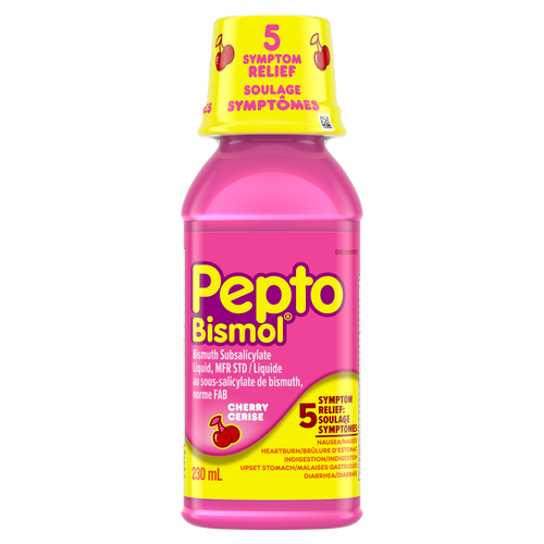 Pepto Bismol Cherry Canada, 230ml digestive relief Windsor, buy Pepto Bismol over-the-counter Canada, Canadian stomach and digestive health products
