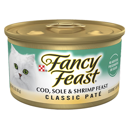 Fancy Feast Cod Sole and Shrimp Feast 85g – premium wet cat food with cod, sole, and shrimp, perfect for a nutritious and flavorful meal
