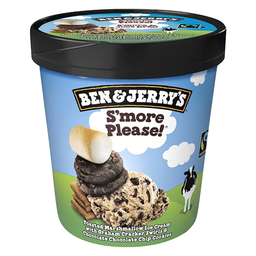 Ben & Jerry’s S’mores Please 473ml – creamy ice cream with chocolate, marshmallow swirls, and graham cracker pieces, perfect for a decadent dessert