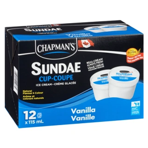 Chapman’s Sundae Cups Vanilla 12x115ml – creamy vanilla ice cream in convenient cups, perfect for individual desserts and treats
